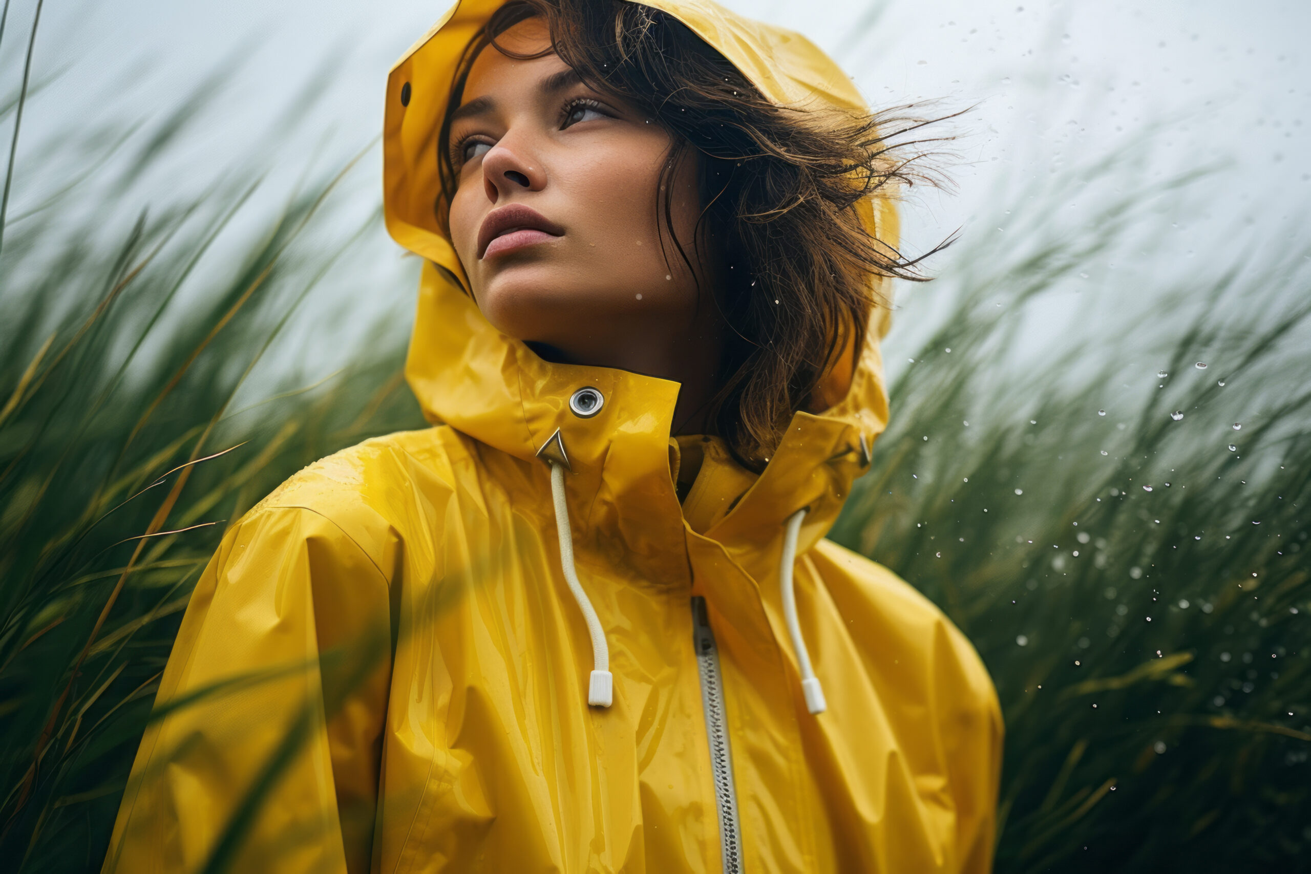 Woman in high grass wearing yellow rain coat on rainy day