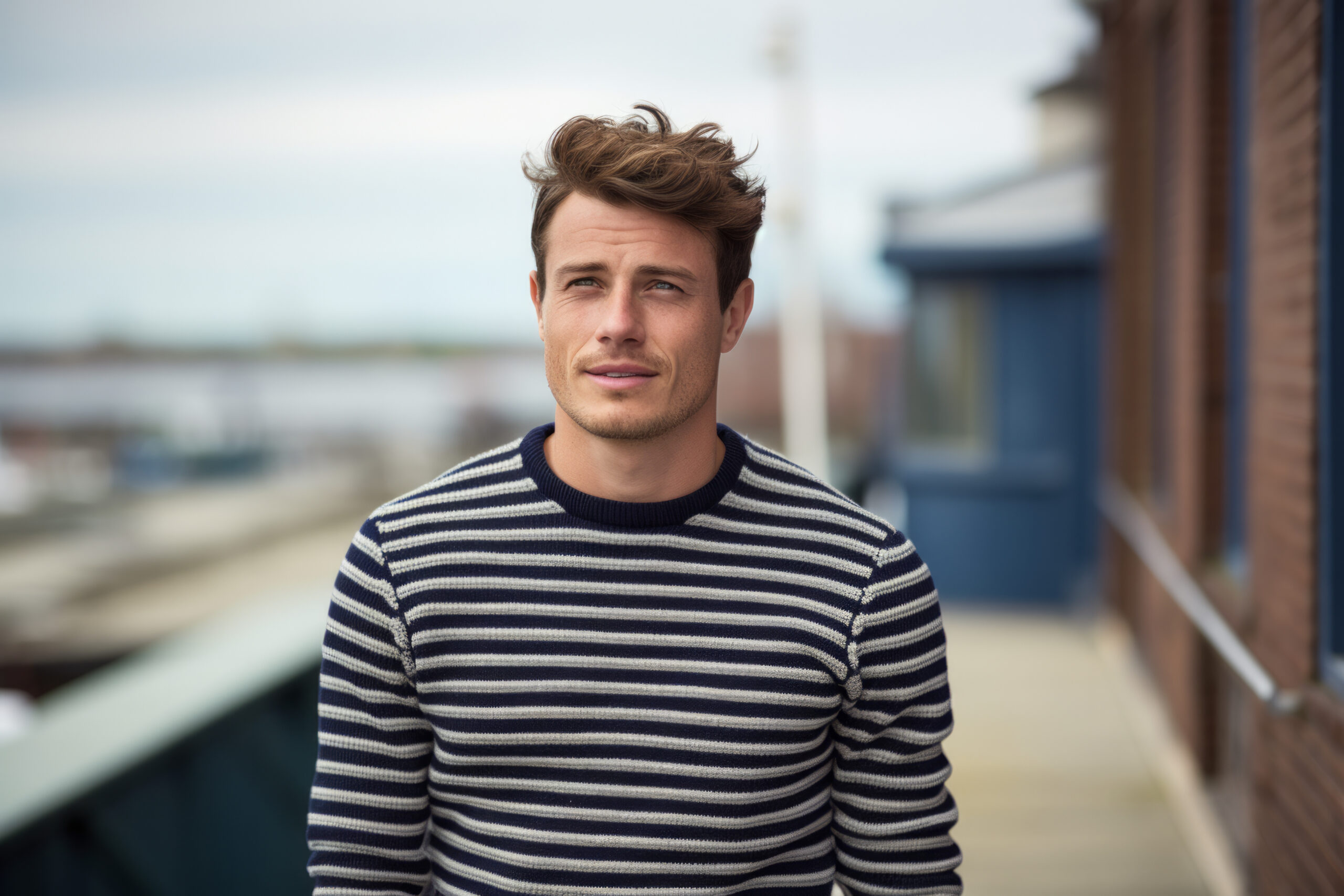 Portrait of a young French man wearing a striped sailor sweater